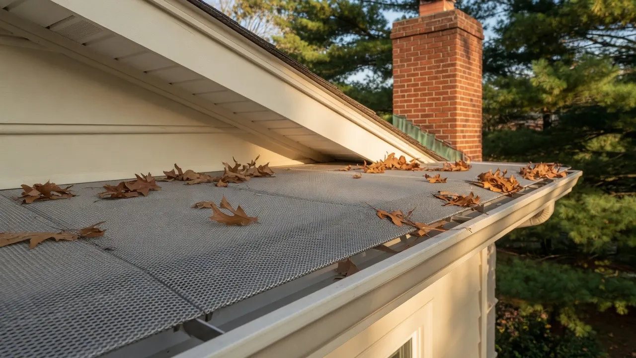 Stainless micro-mesh gutter guard on an aluminum gutter with dry oak leaves sitting on top of the mesh
