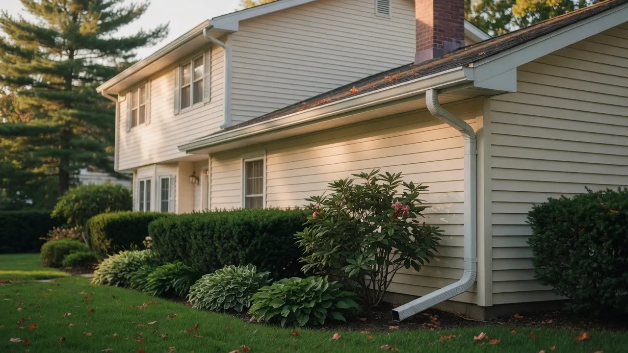 Newly installed seamless aluminum K-style gutters along the eave of a two-story cream suburban house