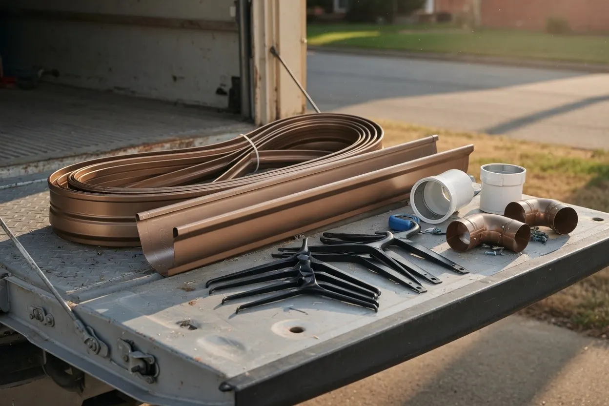 Aluminum gutter coil, hidden hangers, outlets, and elbows arranged on a work-truck tailgate