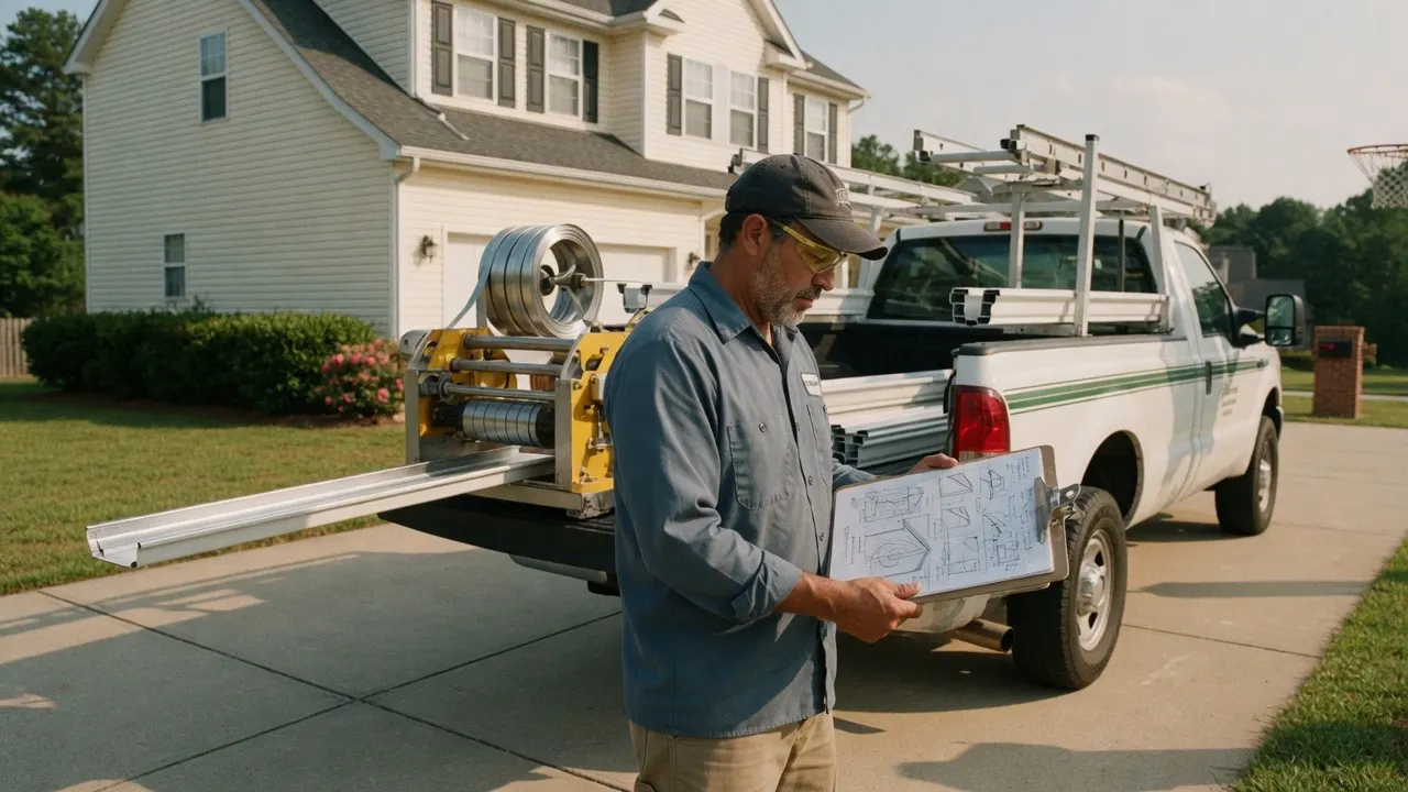 Gutter contractor reviewing a job takeoff beside a work truck with a seamless gutter roll-former