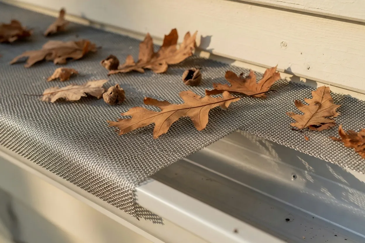 Close-up of stainless micro-mesh gutter guard keeping oak leaves out of a clean aluminum gutter