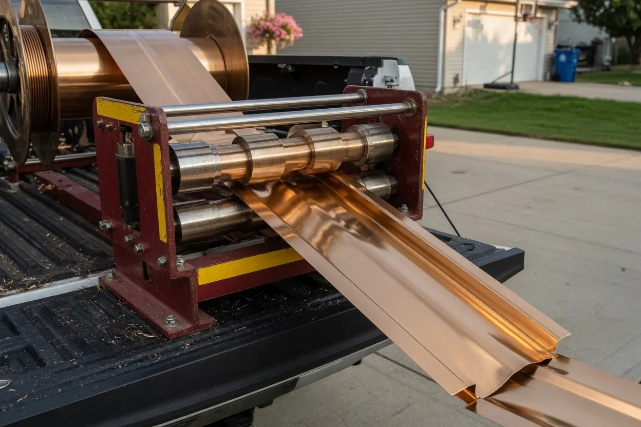 Portable roll-former on a truck bed forming a continuous metal gutter from coil stock