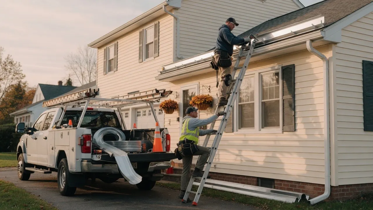 Gutter crew installing a seamless aluminum gutter on a first-story eave from a ladder beside a roll-former truck